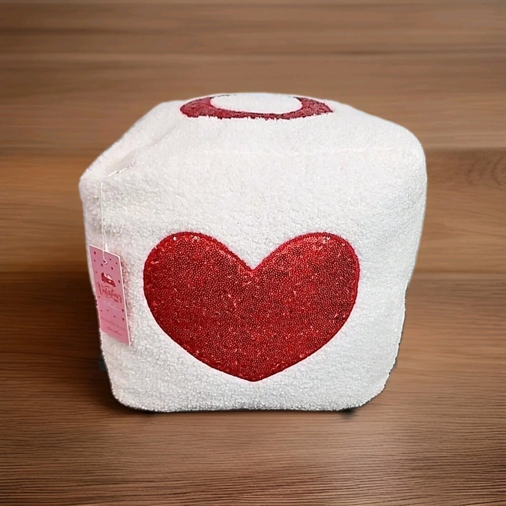 Valentine's Day Cube‎ Decorative Pillow White Red Sequin Heart Love 12x12